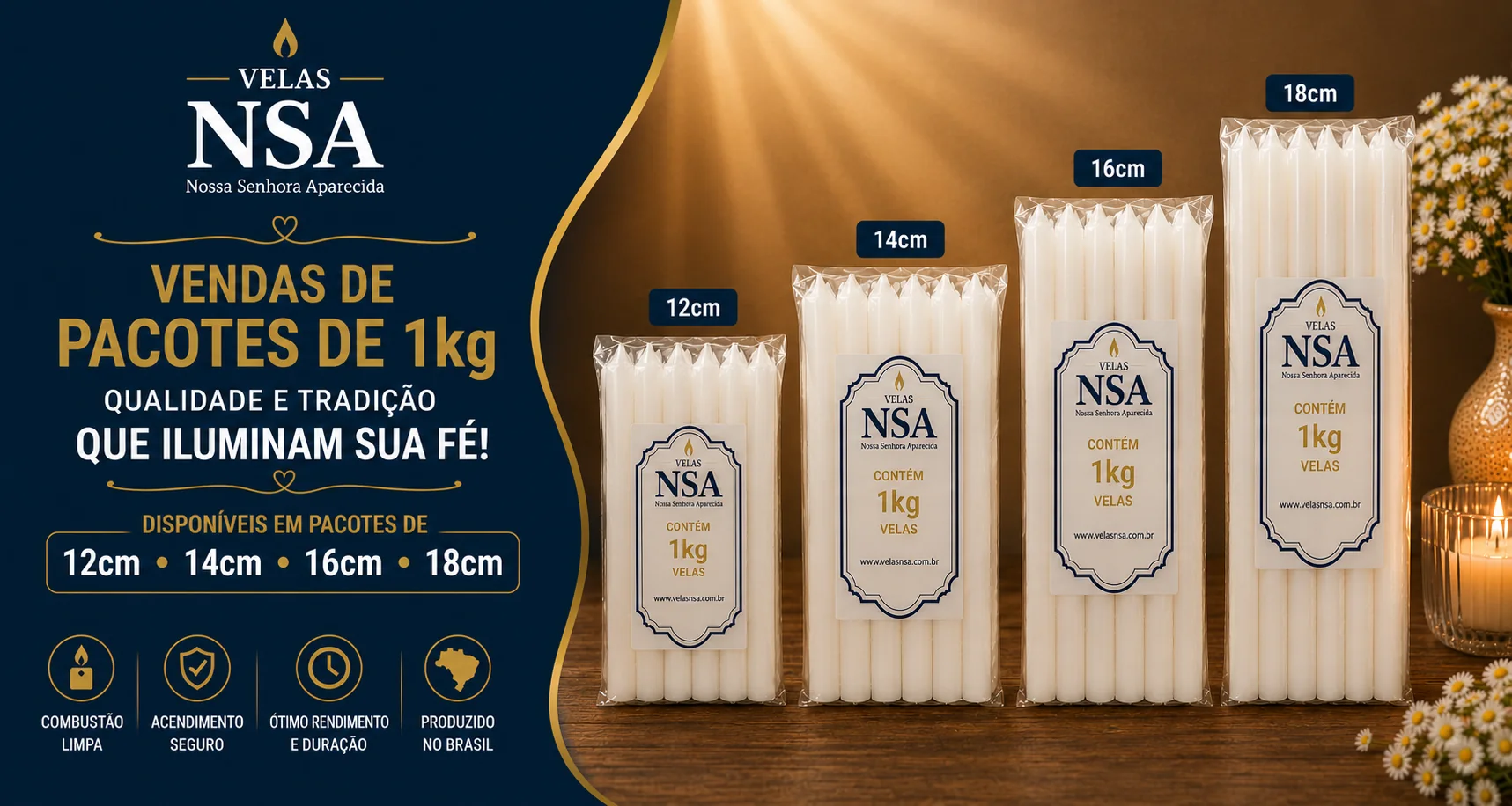 Velas NSA - pacotes de 1 kg nos tamanhos 12, 14, 16 e 18 cm