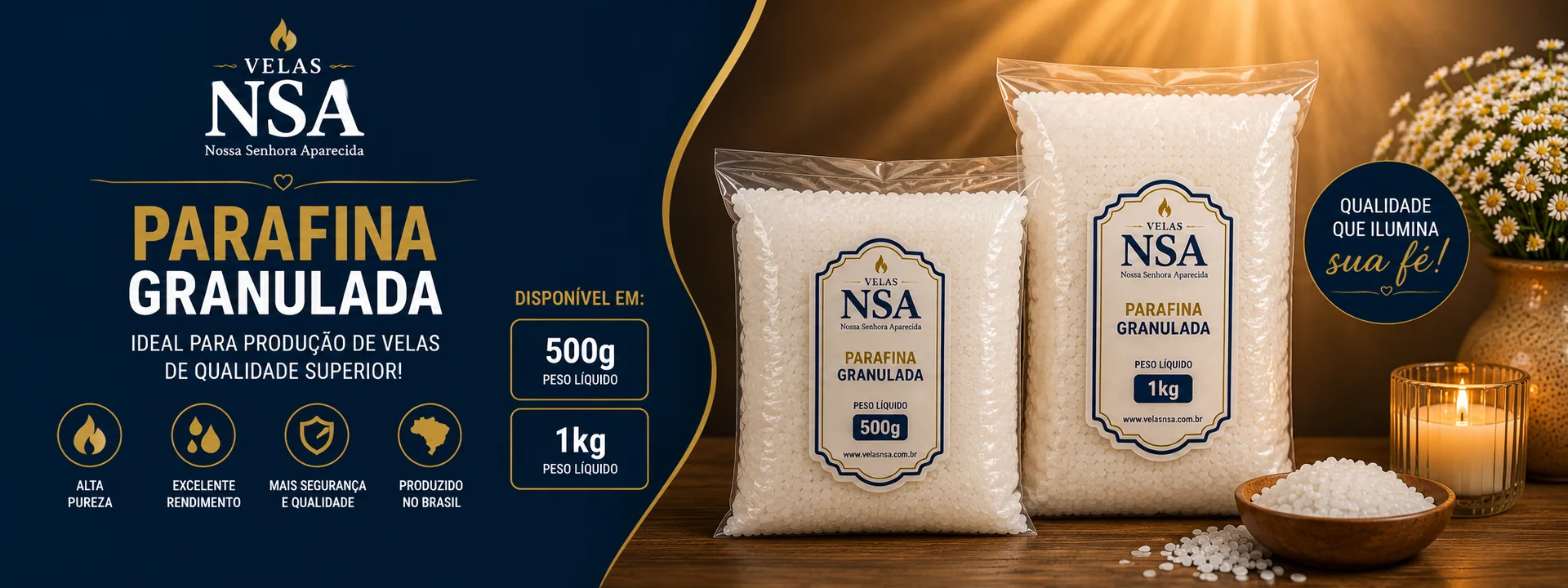 Parafina granulada Velas NSA em 500 g e 1 kg
